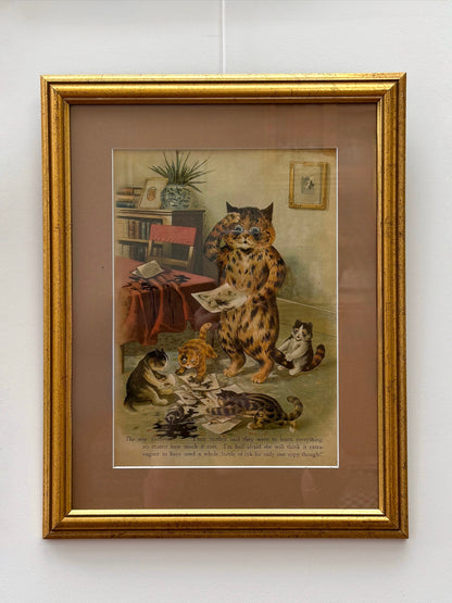 Louis Wain "The New Governess" Colour Print in a Vintage Gilt Frame | Early 1900s