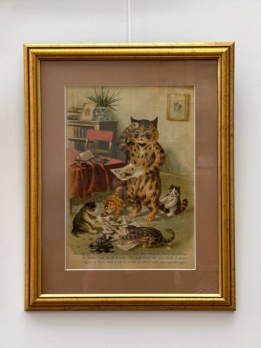Louis Wain "The New Governess" Colour Print in a Vintage Gilt Frame | Early 1900s