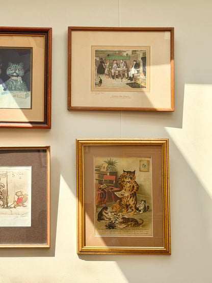 Louis Wain "The New Governess" Colour Print in a Vintage Gilt Frame | Early 1900s
