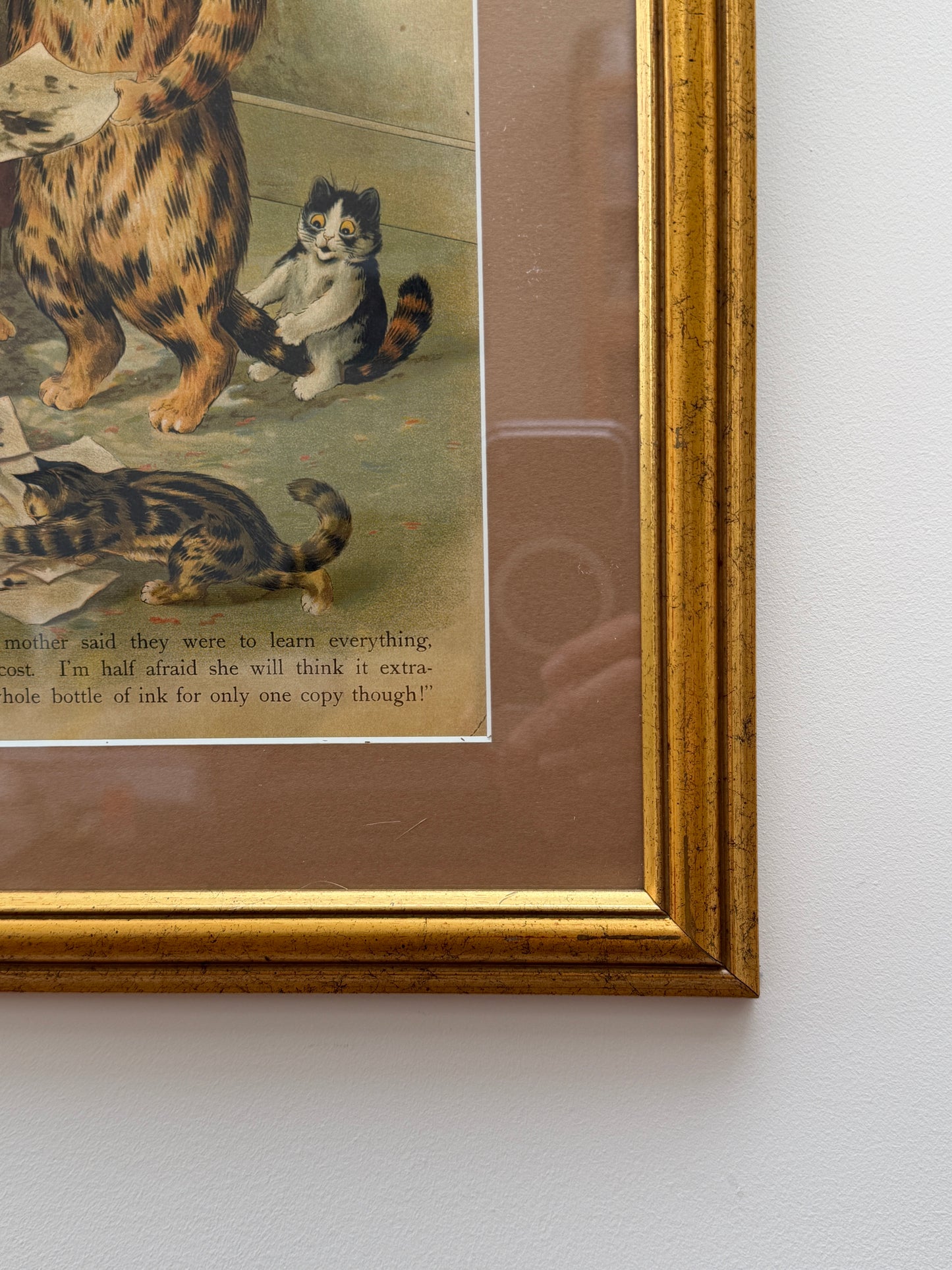 Louis Wain "The New Governess" Colour Print in a Vintage Gilt Frame | Early 1900s