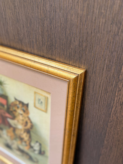 Louis Wain "The New Governess" Colour Print in a Vintage Gilt Frame | Early 1900s