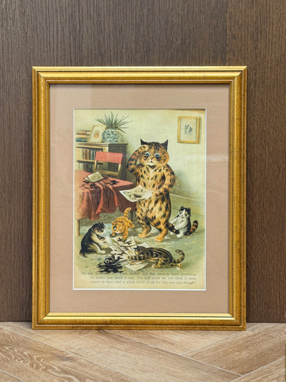 Louis Wain "The New Governess" Colour Print in a Vintage Gilt Frame | Early 1900s