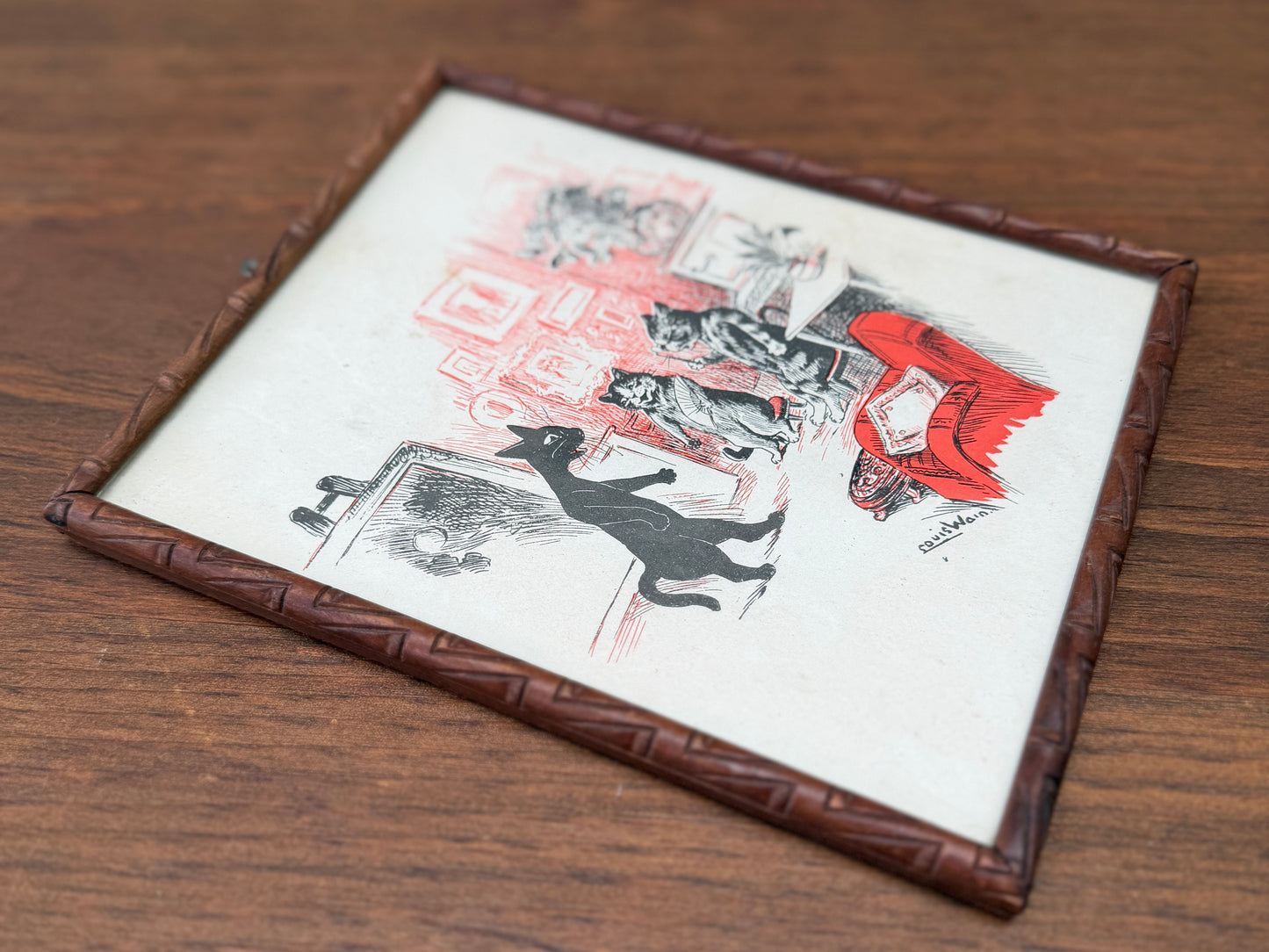Pair of Antique Louis Wain Cat Prints in Carved Wooden Frames, Early 20th Century
