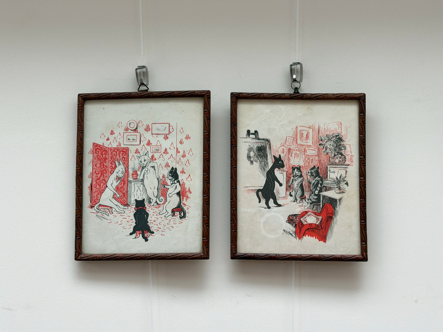 Pair of Antique Louis Wain Cat Prints in Carved Wooden Frames, Early 20th Century