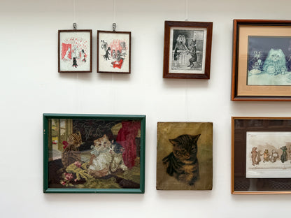 Pair of Antique Louis Wain Cat Prints in Carved Wooden Frames, Early 20th Century
