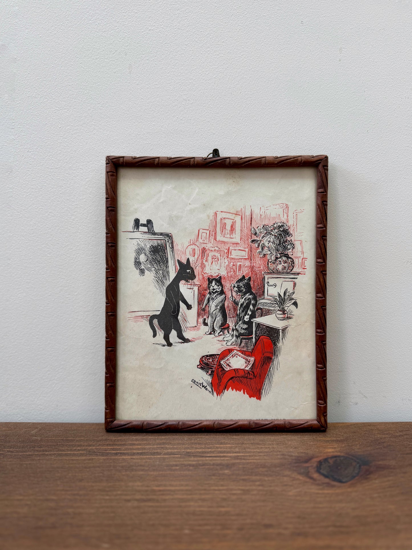 Pair of Antique Louis Wain Cat Prints in Carved Wooden Frames, Early 20th Century
