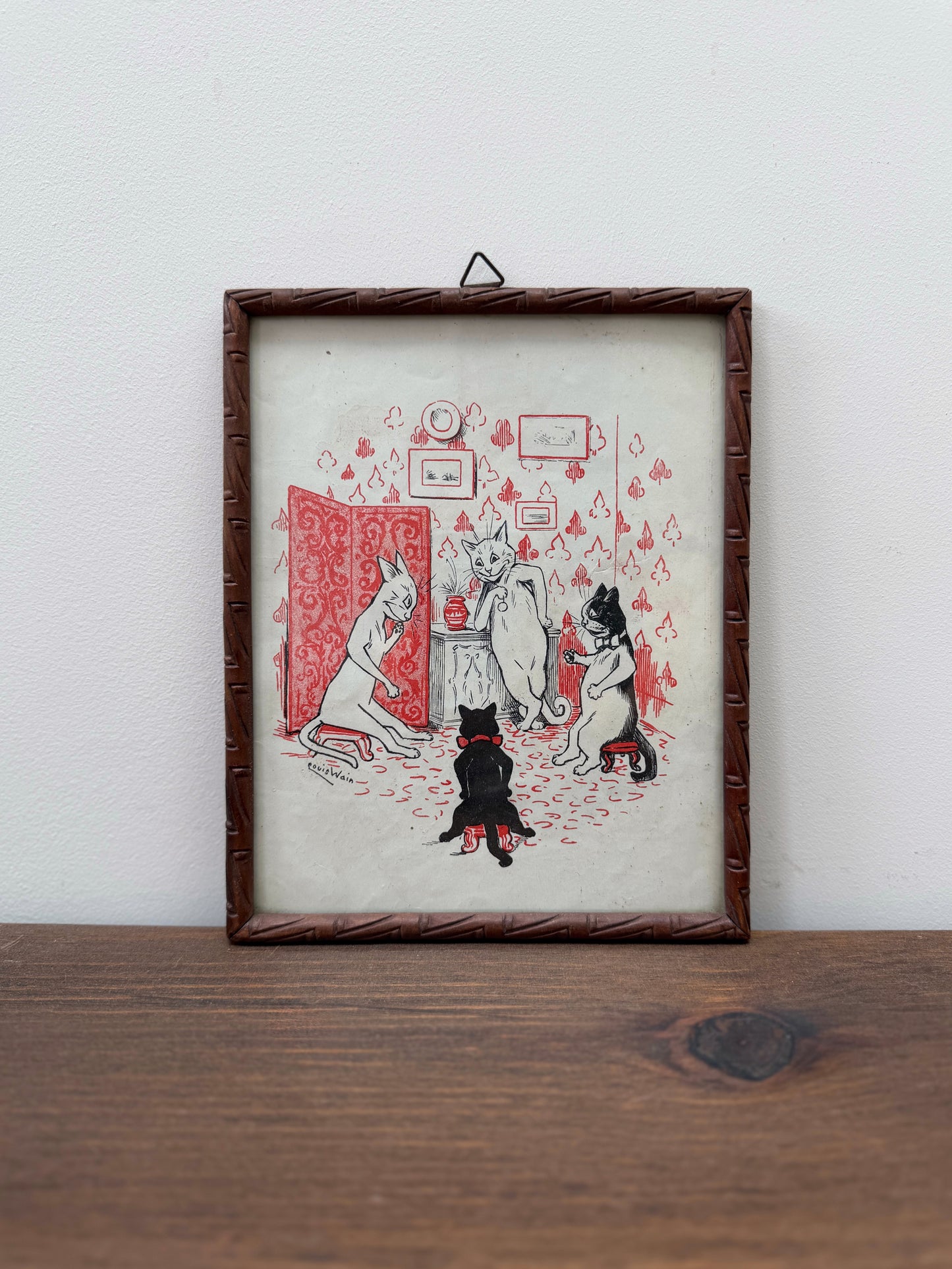 Pair of Antique Louis Wain Cat Prints in Carved Wooden Frames, Early 20th Century