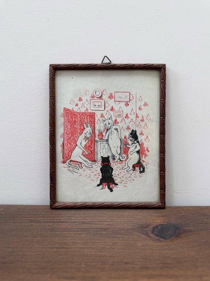 Pair of Antique Louis Wain Cat Prints in Carved Wooden Frames, Early 20th Century
