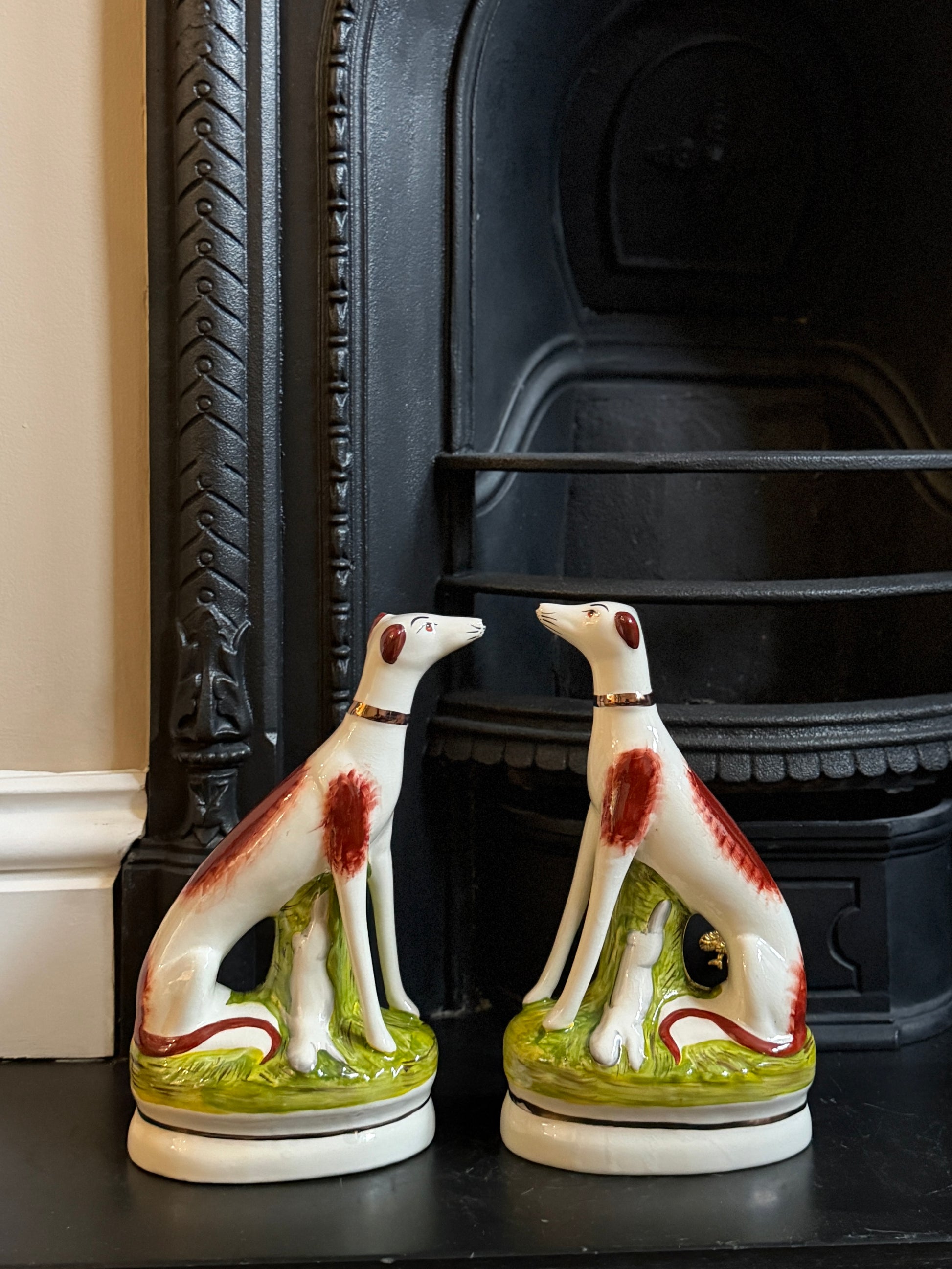 Pair of Staffordshire Greyhound Dogs with Hare by William Kent | Brown Eyes, c. 1940s–1950s