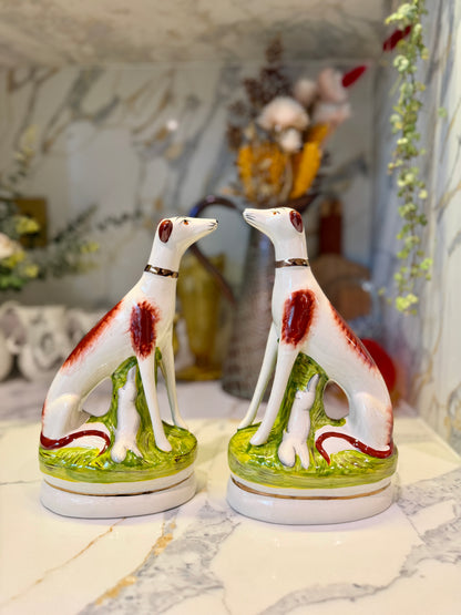 Pair of Staffordshire Greyhound Dogs with Hare by William Kent | Brown Eyes, c. 1940s–1950s