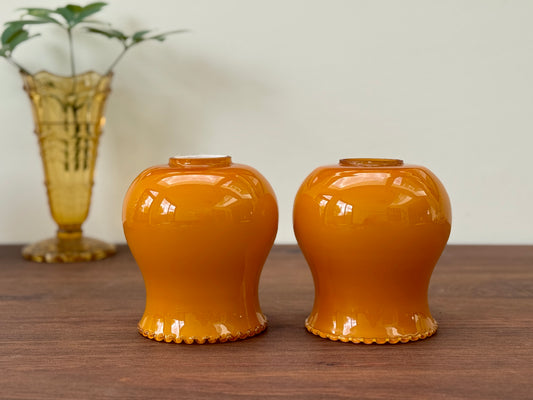 Pair of Mid-Century Hand-Blown Amber Glass Light Shades | Scalloped Edge