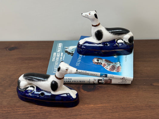 Pair of Staffordshire Greyhound Dogs Quill Holders by William Kent, c. 1940s–1950s | Navy Blue Base, 20cm width