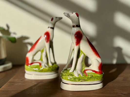Pair of Staffordshire Greyhound Dogs with Hare by William Kent, c. 1940s–1950s | 22cm tall