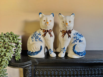 Pair of Vintage Staffordshire Cats | Blue and White Floral Design with Gold Bows
