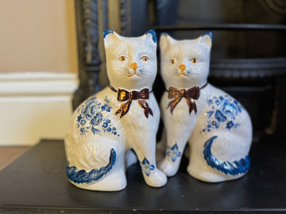 Pair of Vintage Staffordshire Cats | Blue and White Floral Design with Gold Bows