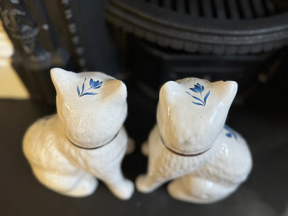 Pair of Vintage Staffordshire Cats | Blue and White Floral Design with Gold Bows
