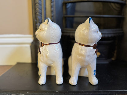 Pair of Vintage Staffordshire Cats | Blue and White Floral Design with Gold Bows