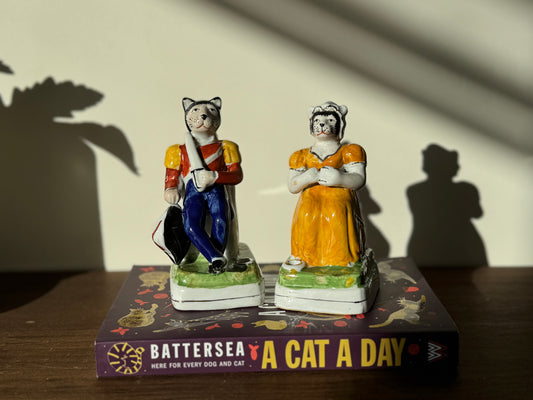 Pair of Vintage Staffordshire Soldier Cat & Lady Cat Quill Holders
