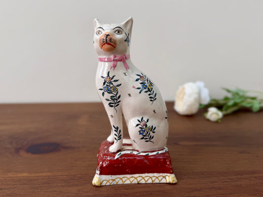 Rare Early Victorian Staffordshire Cat with Hand-Painted Floral Decoration, C.1840s