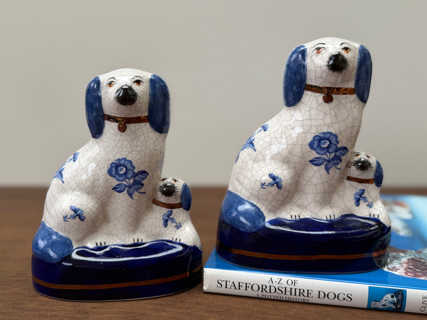 Rare Mother and Pup Staffordshire Dogs with Blue Floral Design by William Kent | c.1940s–1950s