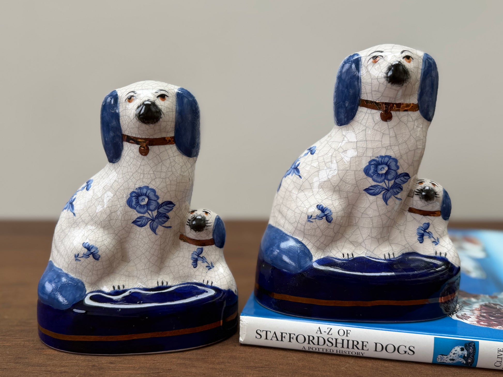 Rare Mother and Pup Staffordshire Dogs with Blue Floral Design by William Kent | c.1940s–1950s