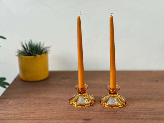 Rare_Davidson_Amber_Reversible_Candle_Holders_with_Scalloped_Rims_pair_vintage_pressed_glass