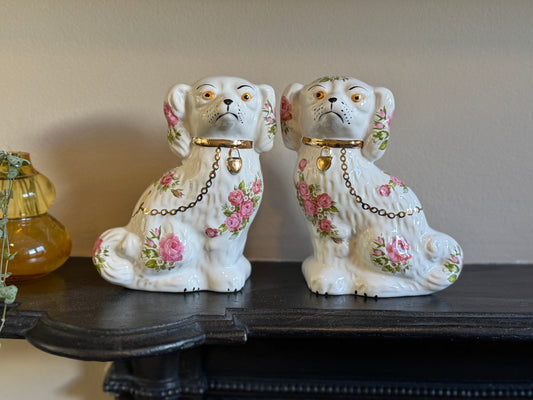 Rare Pair of Floral Staffordshire Dogs by Oldcourt Ware, c.1970s–80s | Pink Rose Design