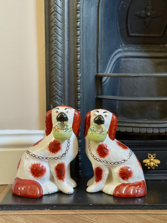 Rare Pair of Staffordshire Dogs with Green flower Baskets by William Kent, c.1940s–50s