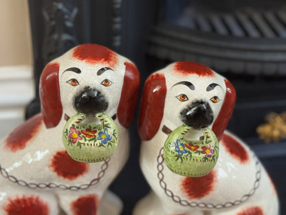 Rare Pair of Staffordshire Dogs with Green flower Baskets by William Kent, c.1940s–50s