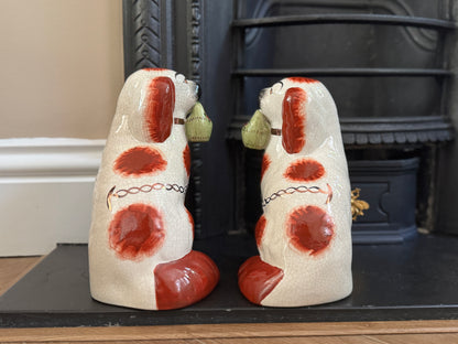 Rare Pair of Staffordshire Dogs with Green flower Baskets by William Kent, c.1940s–50s