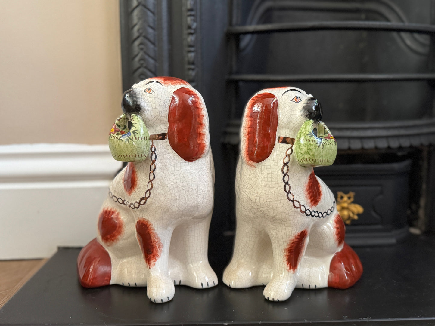 Rare Pair of Staffordshire Dogs with Green flower Baskets by William Kent, c.1940s–50s