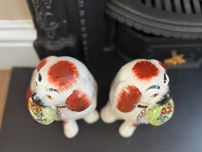 Rare Pair of Staffordshire Dogs with Green flower Baskets by William Kent, c.1940s–50s