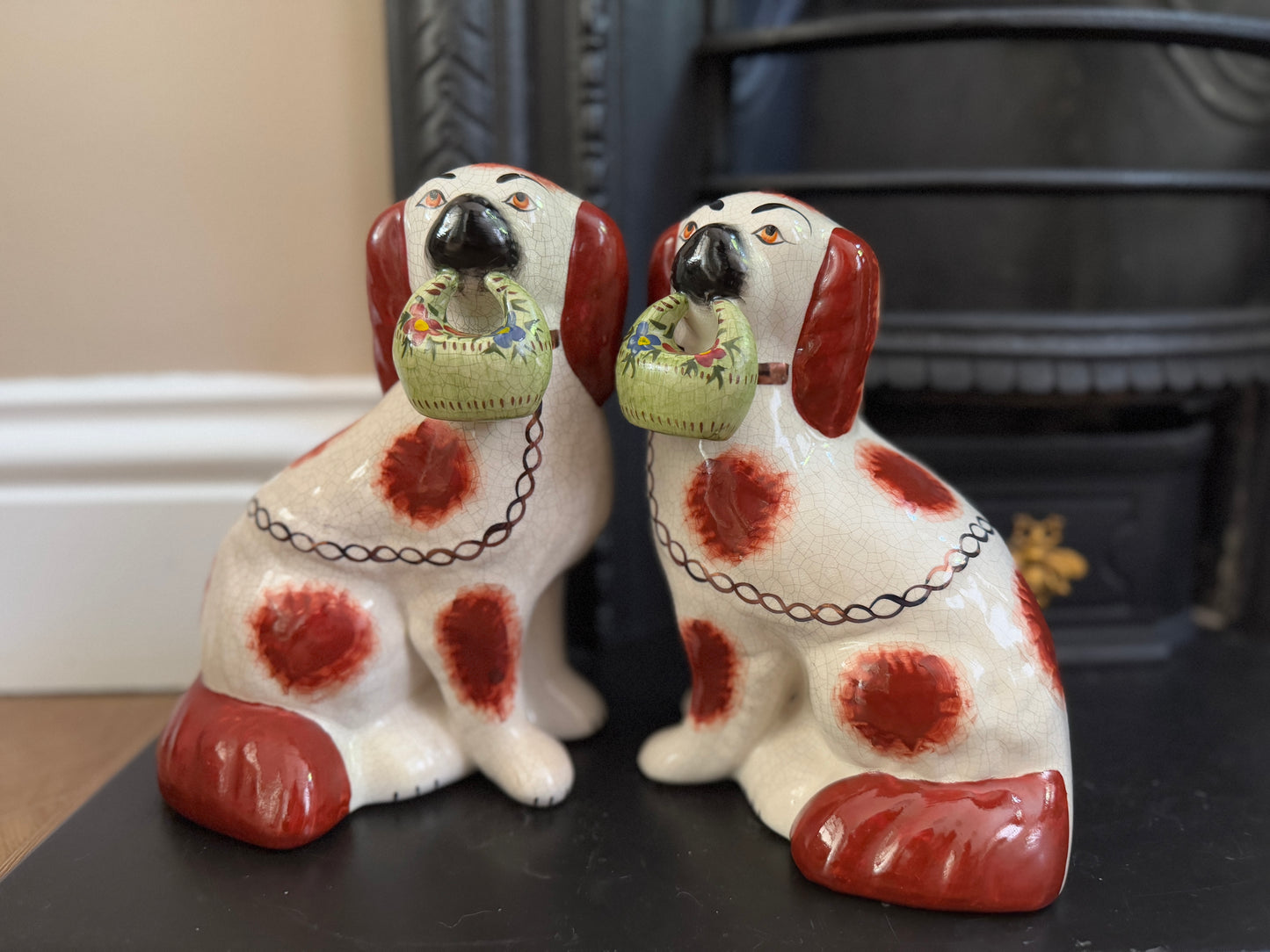 Rare Pair of Staffordshire Dogs with Green flower Baskets by William Kent, c.1940s–50s