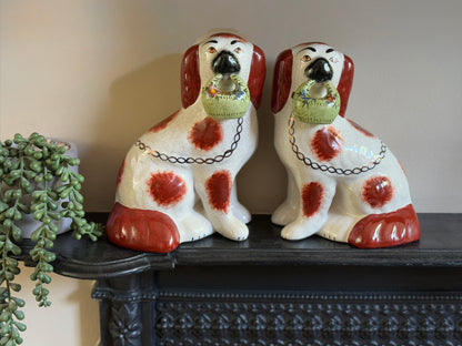 Rare Pair of Staffordshire Dogs with Green flower Baskets by William Kent, c.1940s–50s