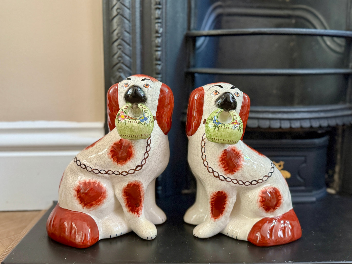 Rare Pair of Staffordshire Dogs with Green flower Baskets by William Kent, c.1940s–50s