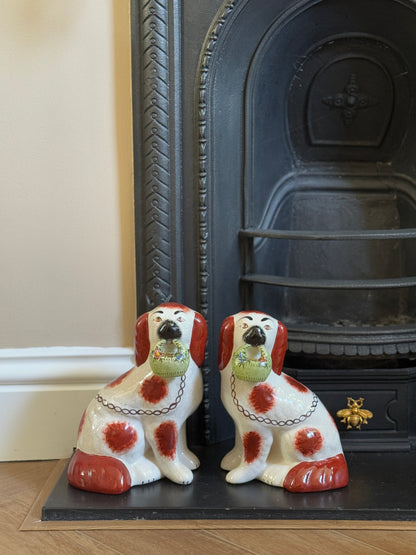Rare Pair of Staffordshire Dogs with Green flower Baskets by William Kent, c.1940s–50s