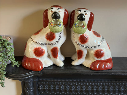 Rare Pair of Staffordshire Dogs with Green flower Baskets by William Kent, c.1940s–50s