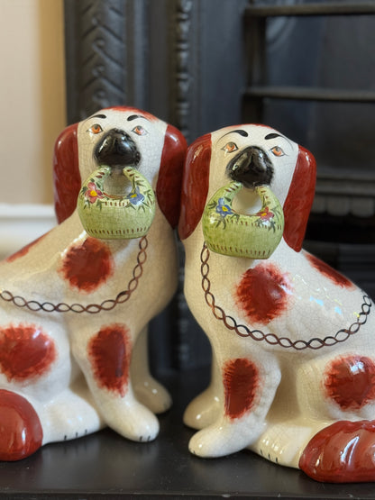 Rare Pair of Staffordshire Dogs with Green flower Baskets by William Kent, c.1940s–50s