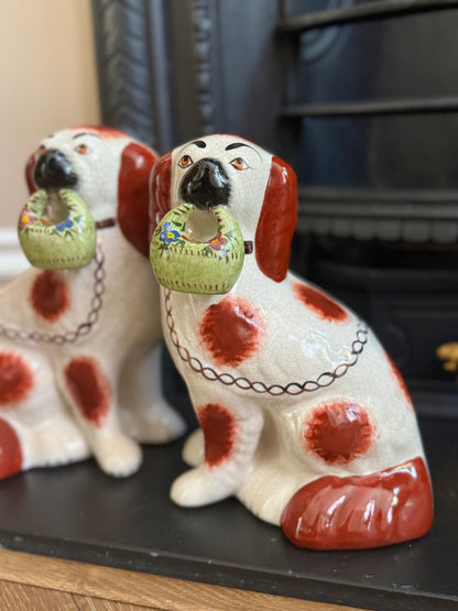 Rare Pair of Staffordshire Dogs with Green flower Baskets by William Kent, c.1940s–50s