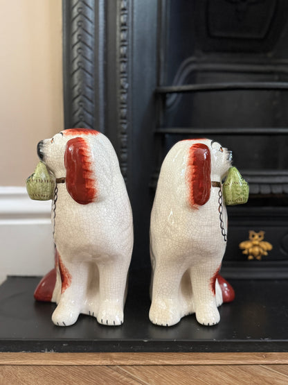 Rare Pair of Staffordshire Dogs with Green flower Baskets by William Kent, c.1940s–50s