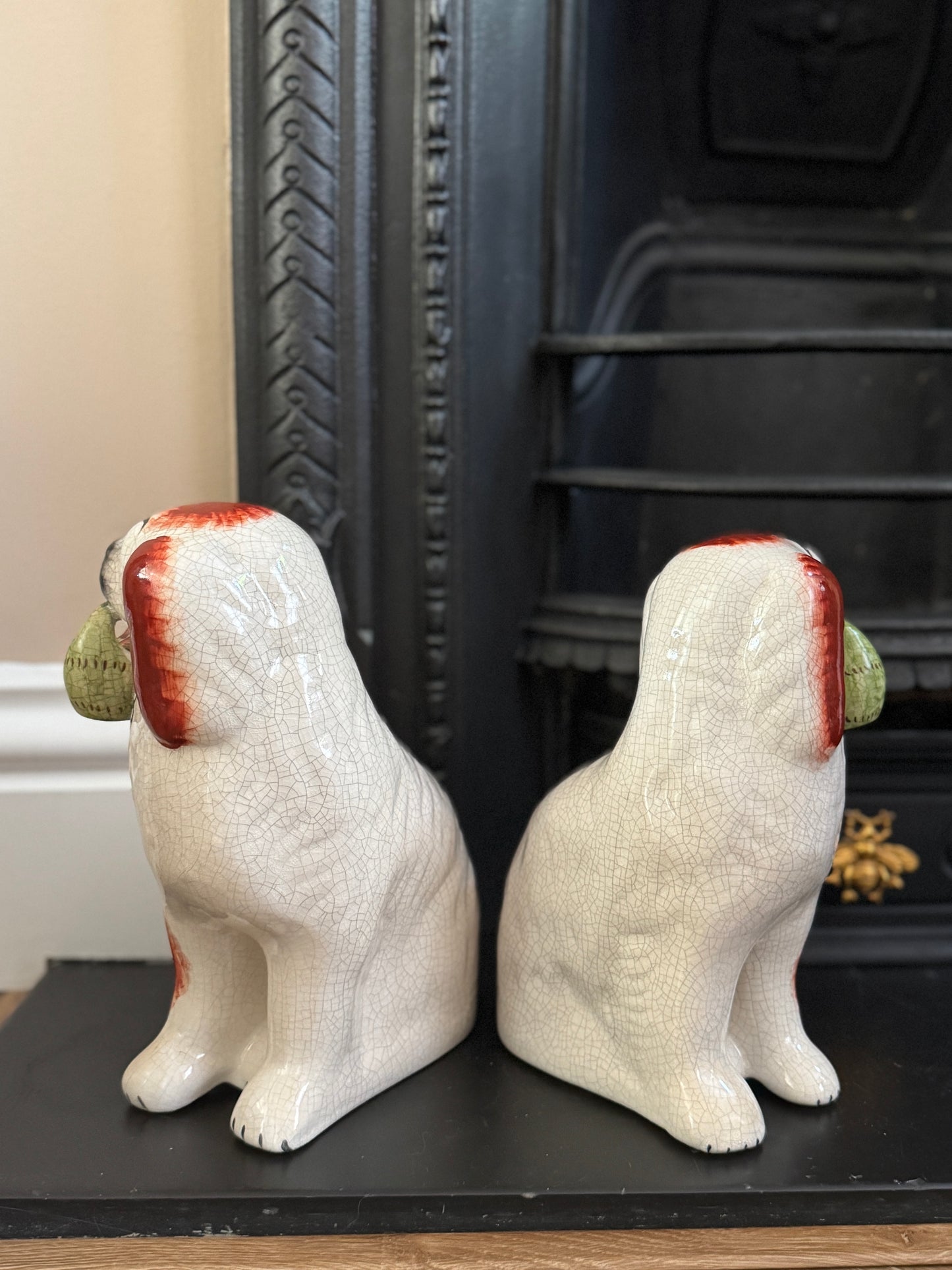 Rare Pair of Staffordshire Dogs with Green flower Baskets by William Kent, c.1940s–50s