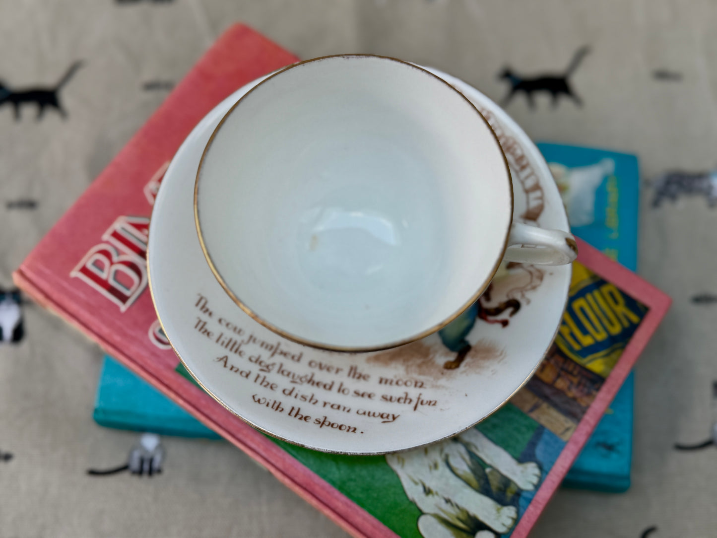 ロイヤルドルトン社、ナーサリーライム「ヘイ・ディドル・ディドル」柄のアンティーク・カップ＆ソーサー｜C.1908年頃