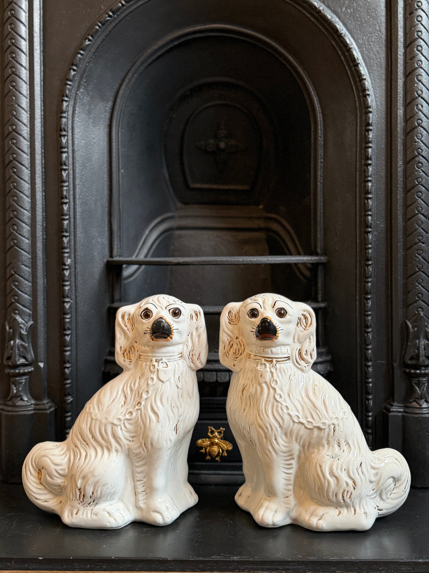 Victorian Staffordshire Spaniels with Glass Eyes, Pair | c.1890