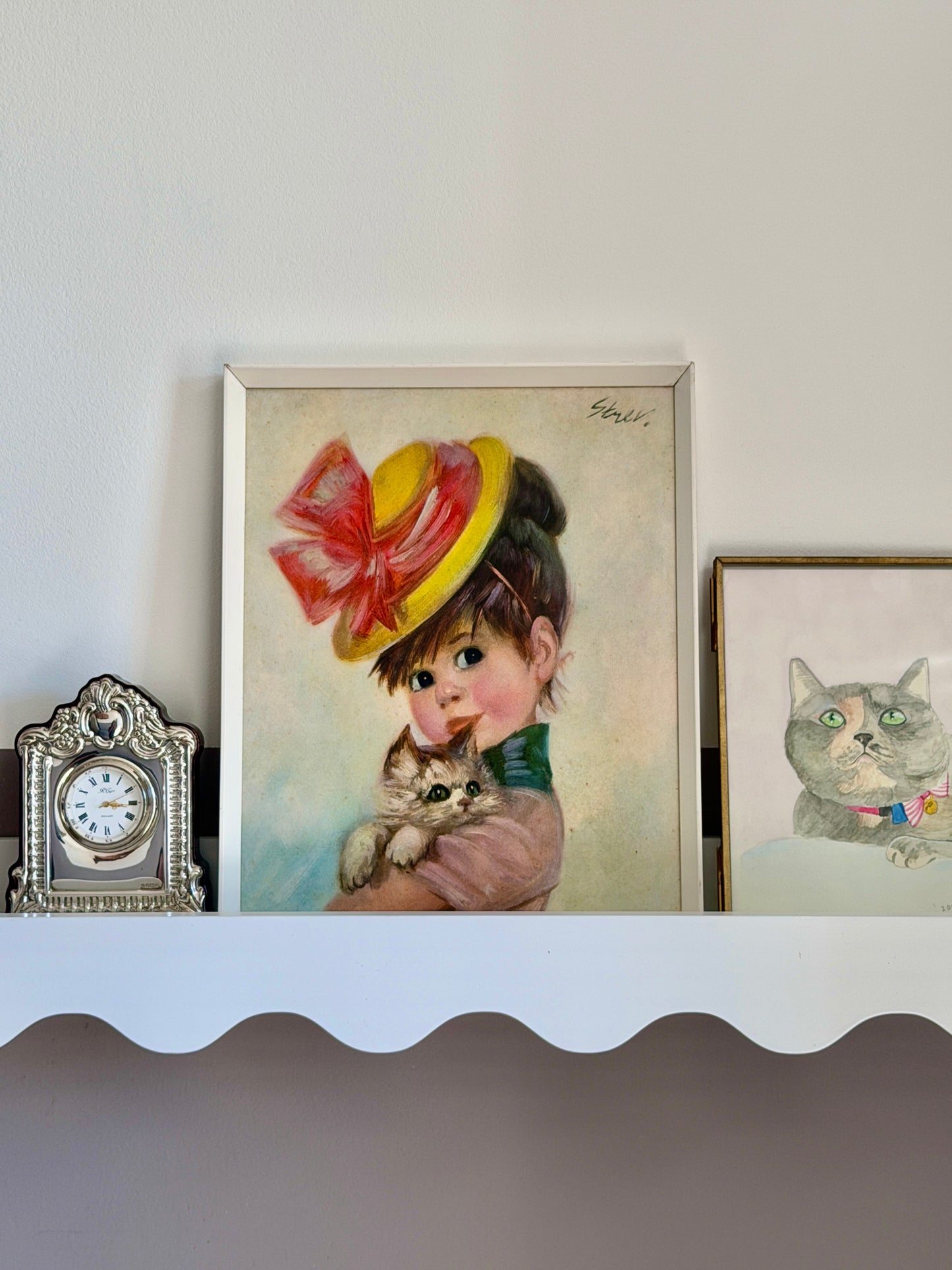 Vintage Framed Print: "Harriet, Girl with a Cat" by John Strevens (Strev.) | c.1960s