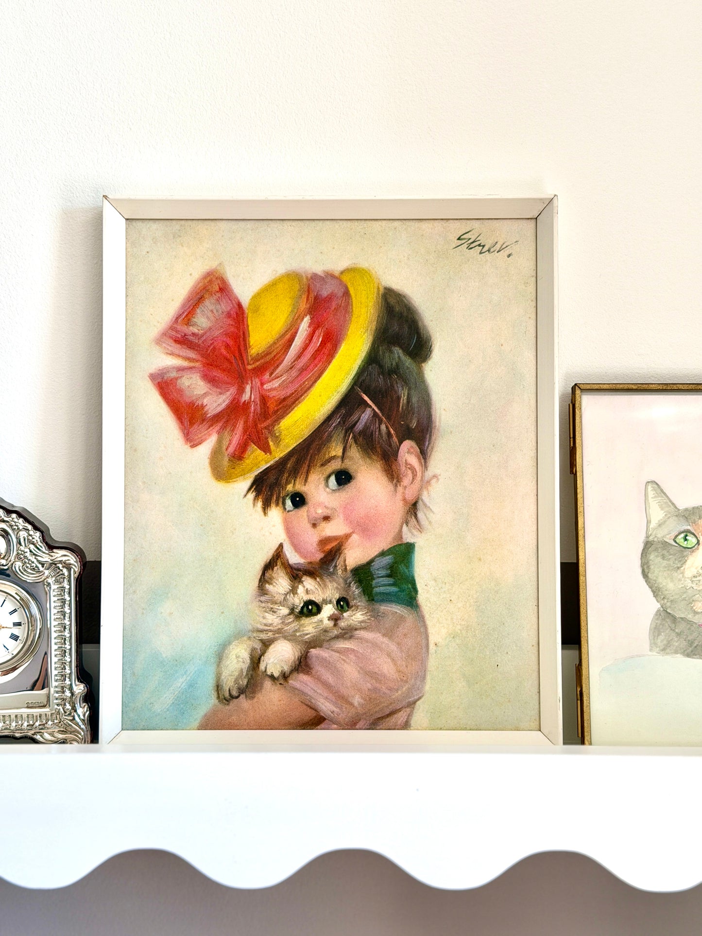 Vintage Framed Print: "Harriet, Girl with a Cat" by John Strevens (Strev.) | c.1960s