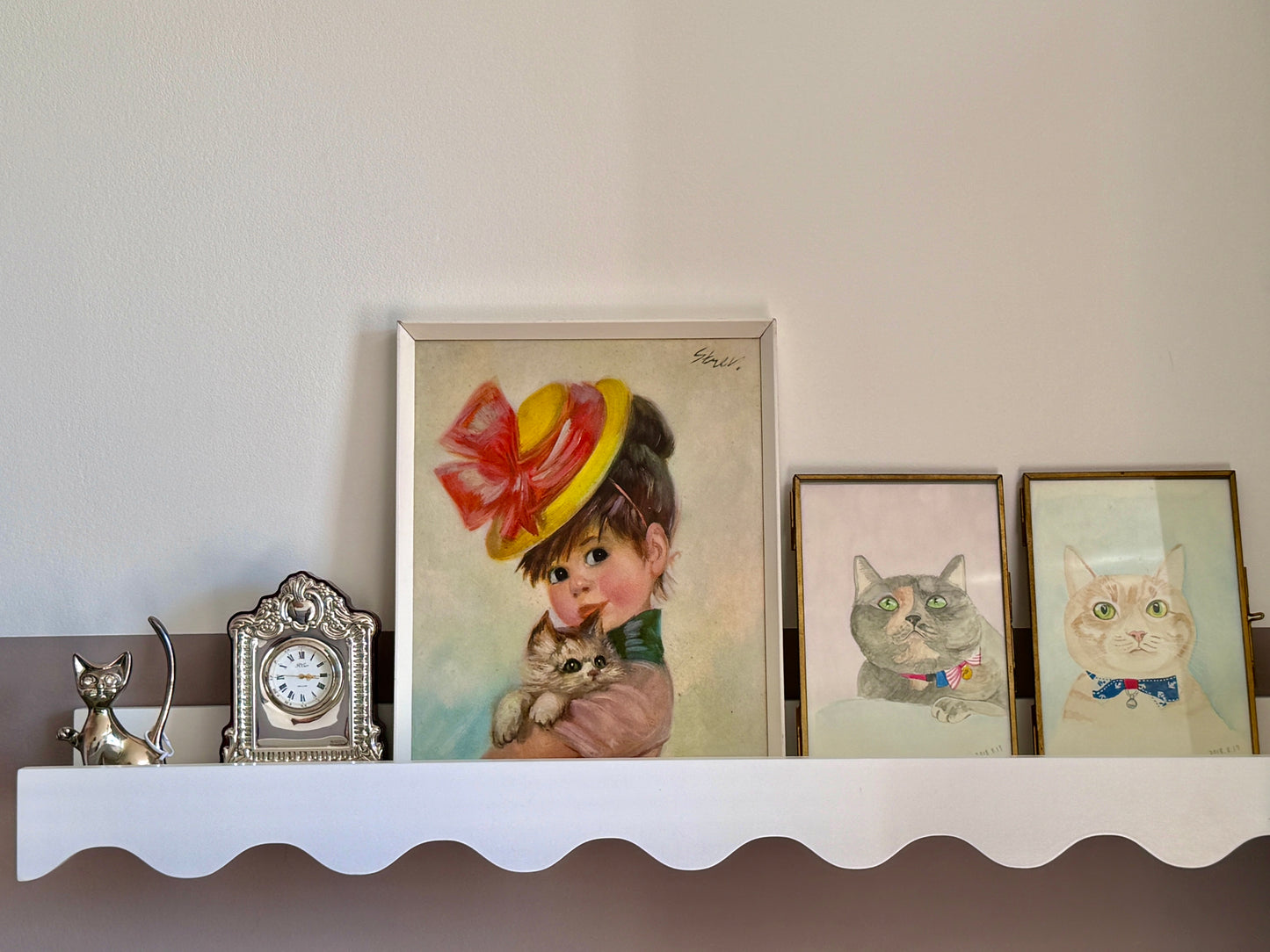 Vintage Framed Print: "Harriet, Girl with a Cat" by John Strevens (Strev.) | c.1960s