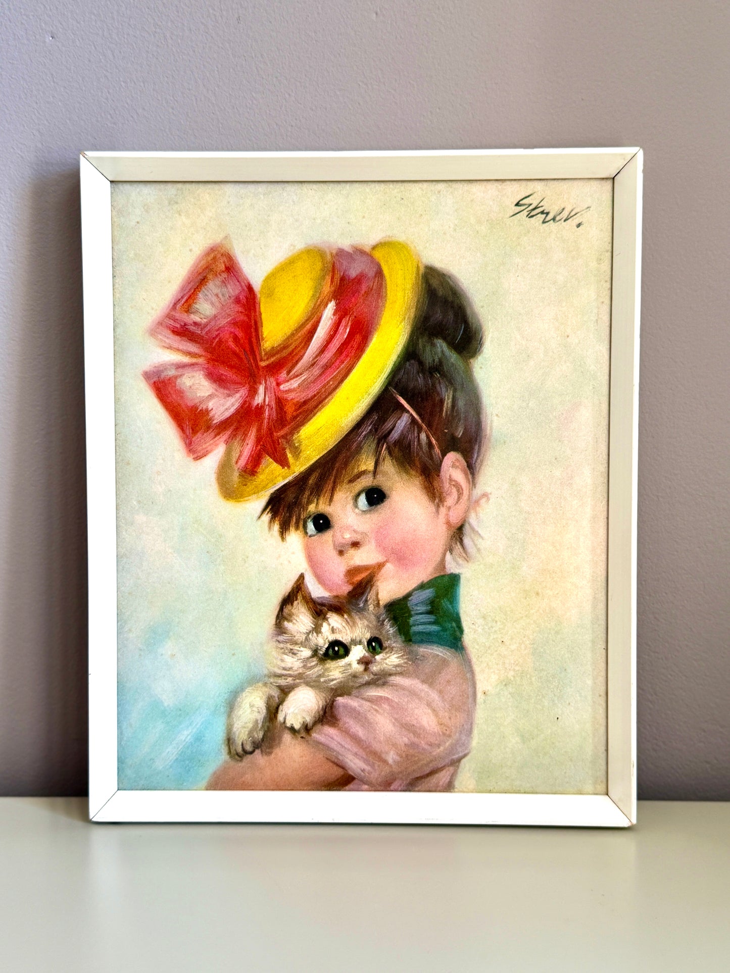Vintage Framed Print: "Harriet, Girl with a Cat" by John Strevens (Strev.) | c.1960s