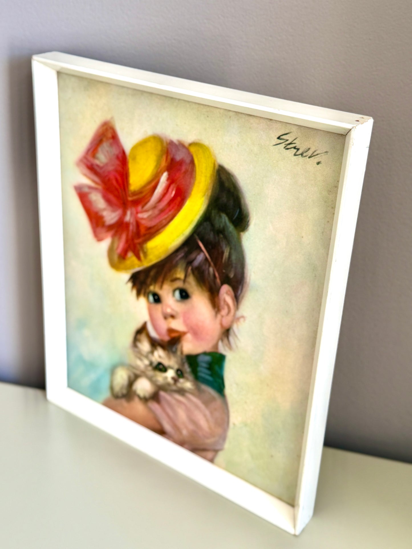 Vintage Framed Print: "Harriet, Girl with a Cat" by John Strevens (Strev.) | c.1960s