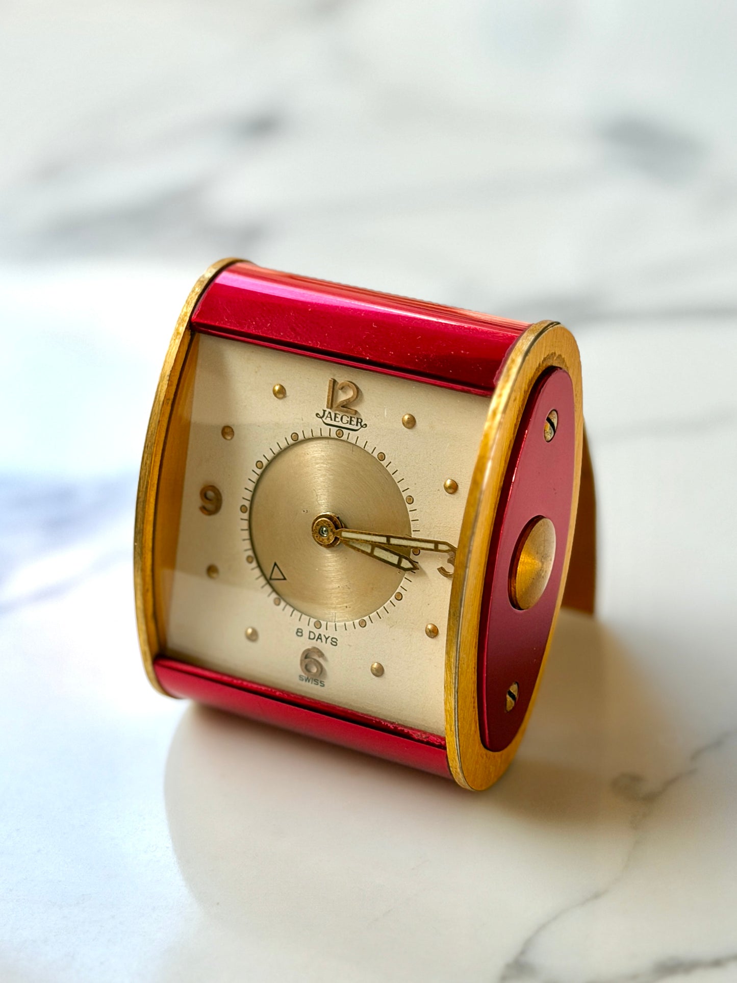 Vintage Jaeger-LeCoultre 8 Day Folding Alarm Clock in Red & Gilt Brass, Swiss Made c.1950s