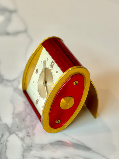 Vintage Jaeger-LeCoultre 8 Day Folding Alarm Clock in Red & Gilt Brass, Swiss Made c.1950s